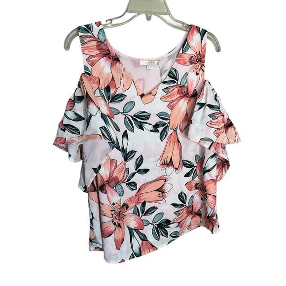 Cooper & Ella Floral Print Cold Shoulder Top V-Neck Pullover Pink/Multi Sz M NWT - Picture 1 of 5